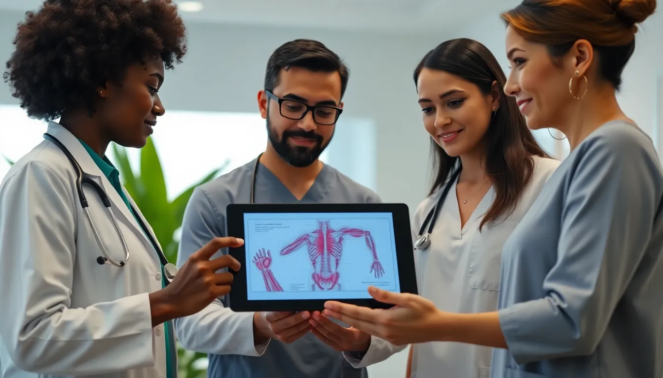 diverse healthcare team discussing miofragia in a modern clinic.