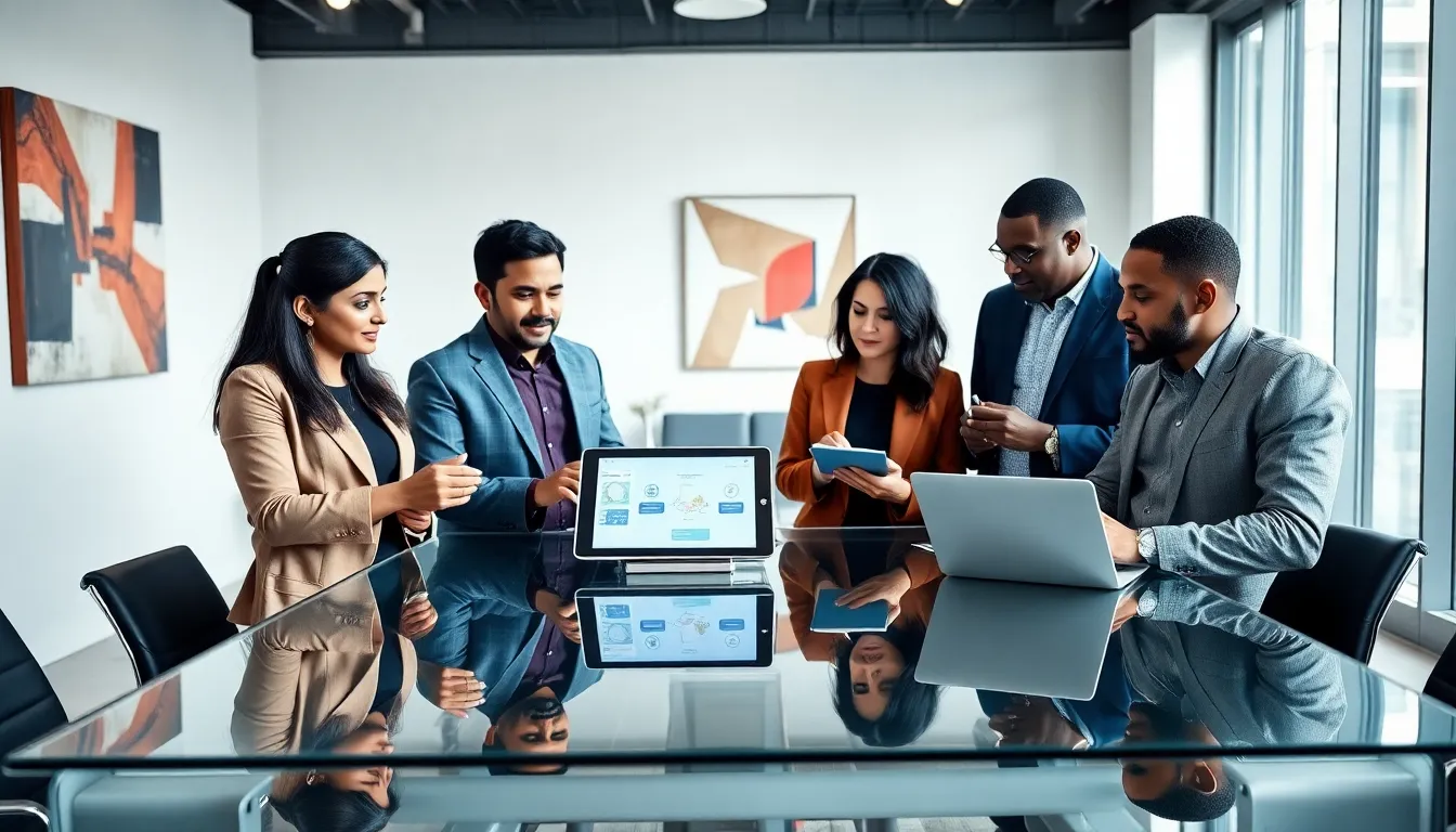 diverse team brainstorming in a modern office setting.