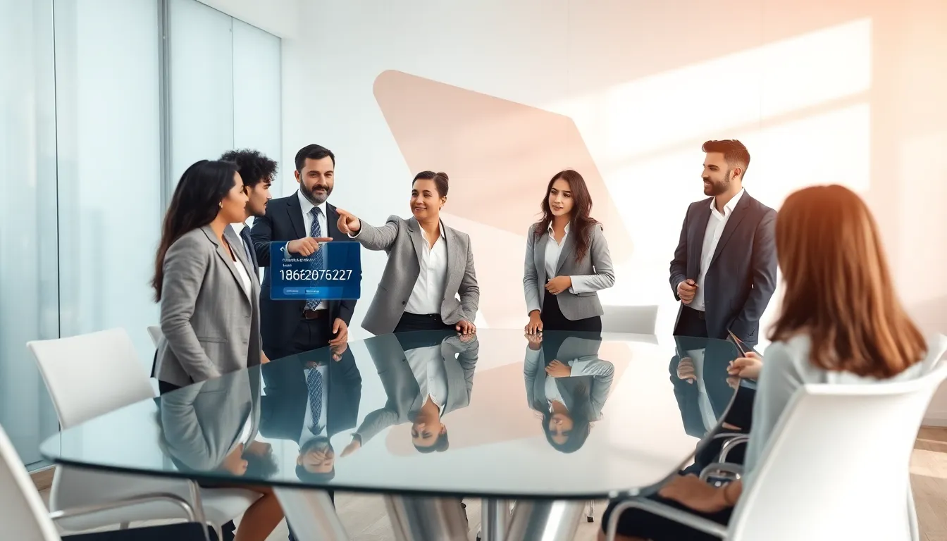 diverse professionals discussing a key communication number in a modern office.